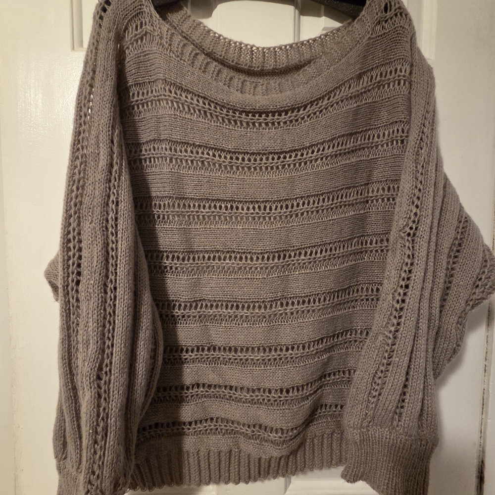 Taupe- Pointelle Knit Batwing Slouched Neck Openwork Sweater.  Size: 14-16plus